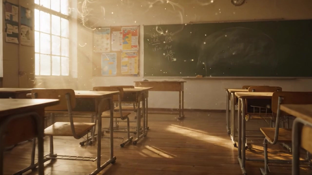Una serena scena in aula catturata alla luce del sole, che illustra la tranquillità e la natura riflessiva degli ambienti di apprendimento in contesti educativi.