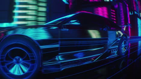 bucle de un coche de neón cibernético a través de la ciudad nocturna en rascacielos