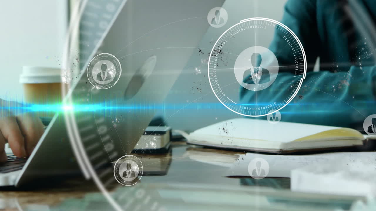 escribir en una computadora portátil en el espacio de trabajo, conexiones de red digital animando la cabeza