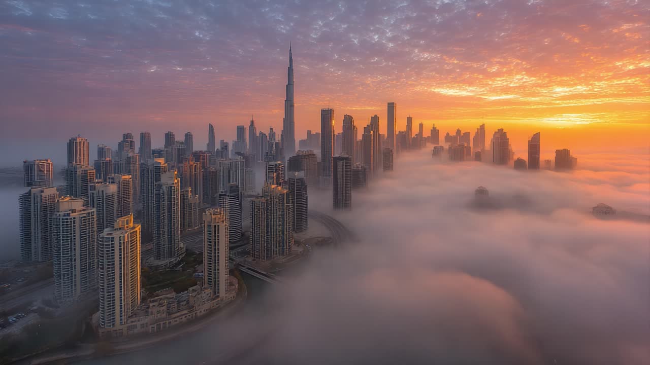 A breathtaking sunrise over a sprawling modern cityscape with skyscrapers emerging from a thick blanket of fog, creating an ethereal atmosphere that captivates the eye
