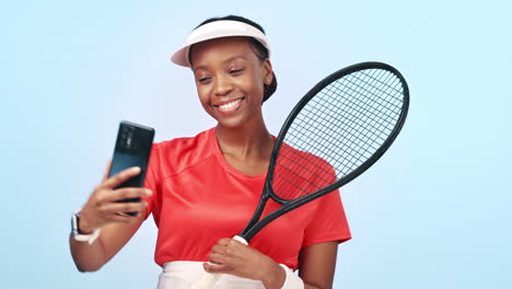 Woman,-selfie-and-happy-with-tennis-racket