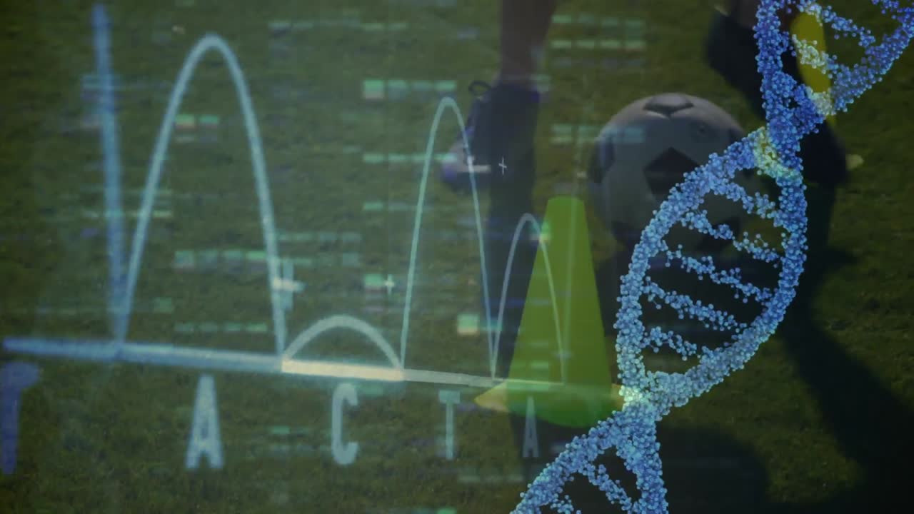 Animation of dna strand and data processing over football player
