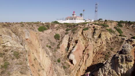 low angle view of ponta da piedade lighthouse, algarve, portugal, aerial pullback revealing headland and cliffs