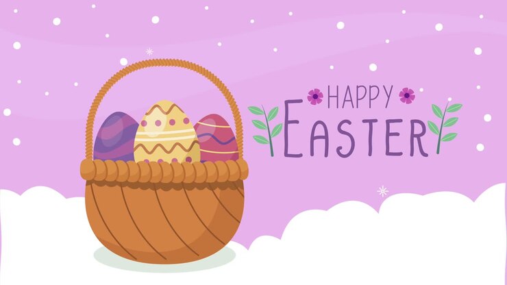 happy easter lettering with eggs in basket