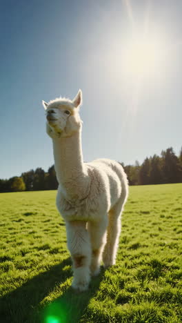 woman and alpaca interact in a sunny field