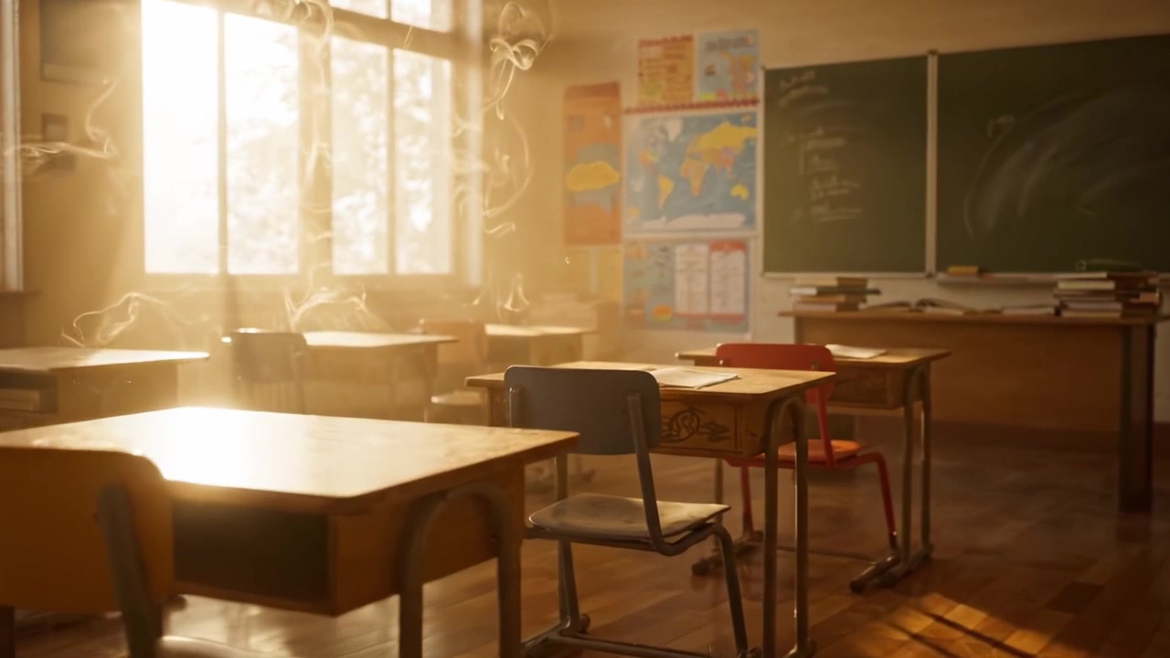 A Serene Classroom at Dawn: Capturing the Soft Glow of Morning Light Filtering Through Windows, Illuminating Empty Desks and an Inspiring Learning Environment