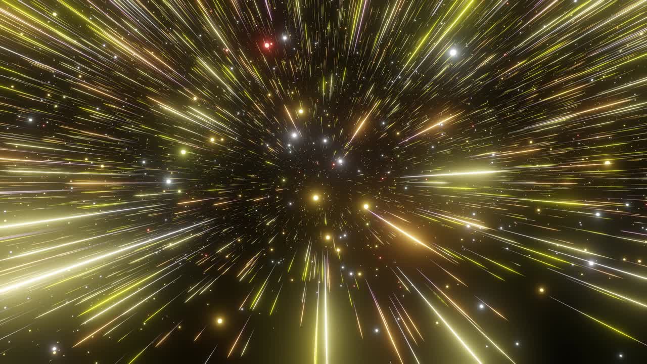 fondo de hiperespacio abstracto. velocidad de la luz, rayos brillantes de neón y estrellas en movimiento. versión amarilla. moviéndose a través de estrellas. bucle sin costuras de 4k