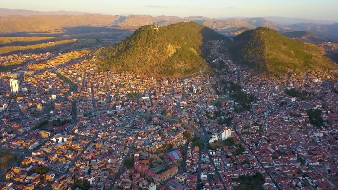 Aerial view over the picturesque, historic city of Sucre, Bolivia during the evening's golden hour