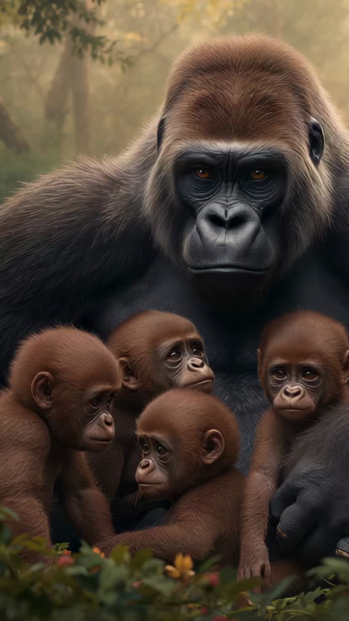 Vertical video: Reacting to infants shifting, adult gorilla steadying four infants in forest, flora