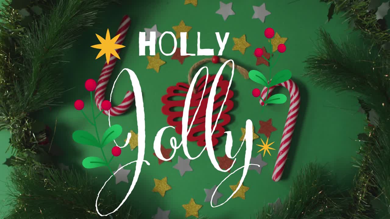 animación del texto de holly jolly sobre las decoraciones de navidad
