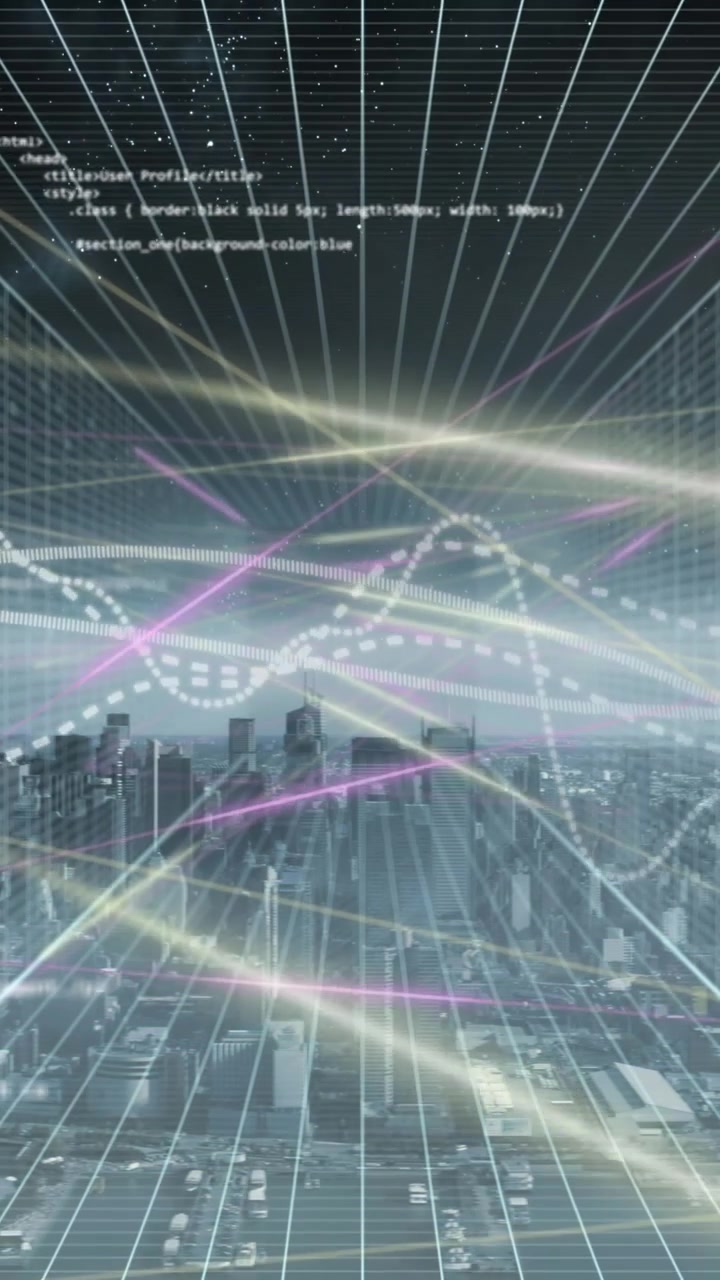Animation of financial data processing over cityscape