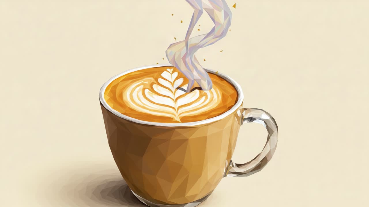 A Beautifully Crafted Latte Art with Delicate Steam Rising from a Geometric Coffee Cup, Showcasing an Artful Design on the Foamy Surface of the Drink