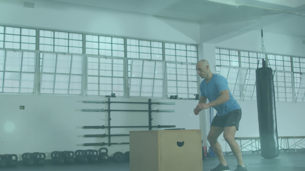 Animation of lens flares over caucasian bald man practicing plyometric exercise on box in gym