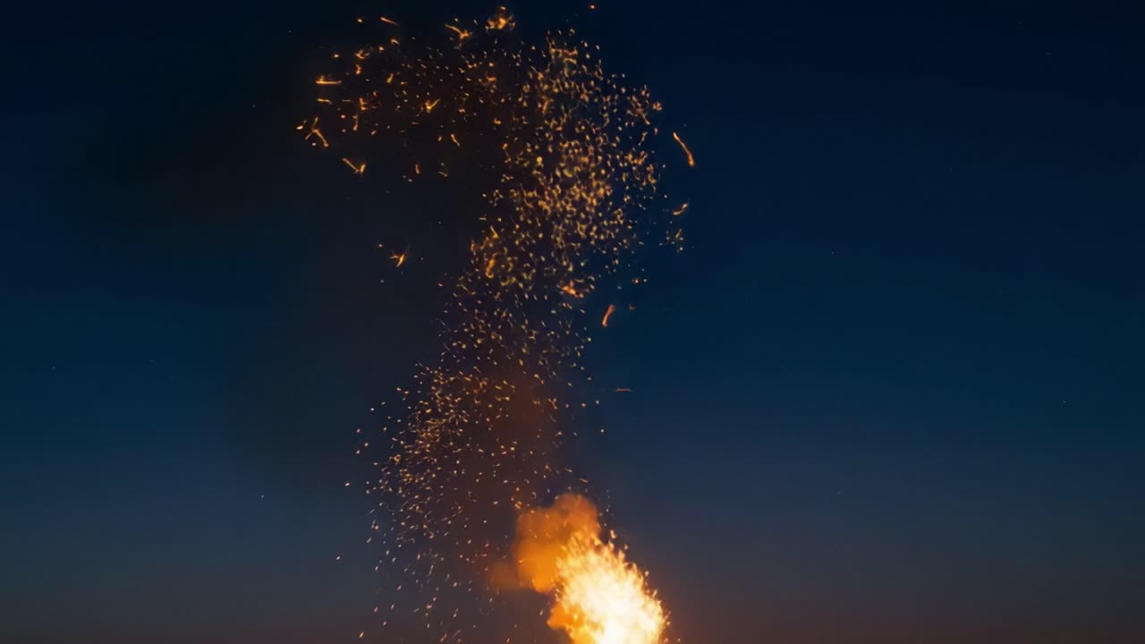 A Mesmerizing Display of Erupting Sparks and Flashes Against a Night Sky, Capturing the Dynamic Transition from a Flame to a Streak of Golden Particles