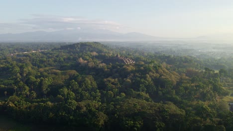 Establishing-Aerial-shot-of-Borobudur-Temple-located-in-Central-Java,-Indonesia