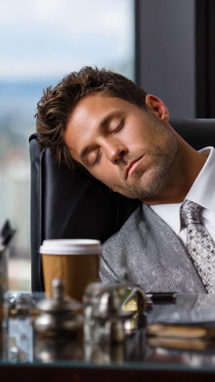 Un professionista stanco che riposa su una sedia da ufficio, rilassato in un ambiente di lavoro frenetico, illustrando lo stress dell'equilibrio tra vita professionale e privata e l'esaurimento.