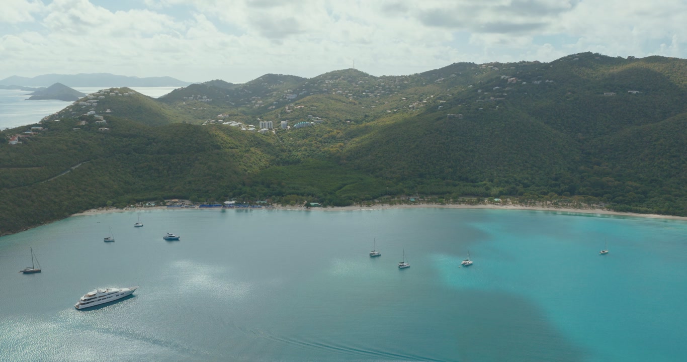 Aerial View Of Magens Bay Beach In St. Thomas, US Virgin Islands, With Turquoise Waters, White Sand, And Forested Hills On Coast. pullback shot