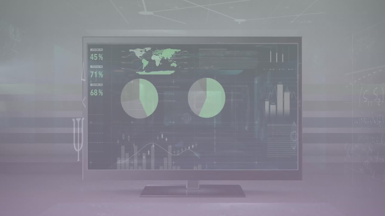 Animation of mathematical equations and diagram over infographic interface in desktop on table
