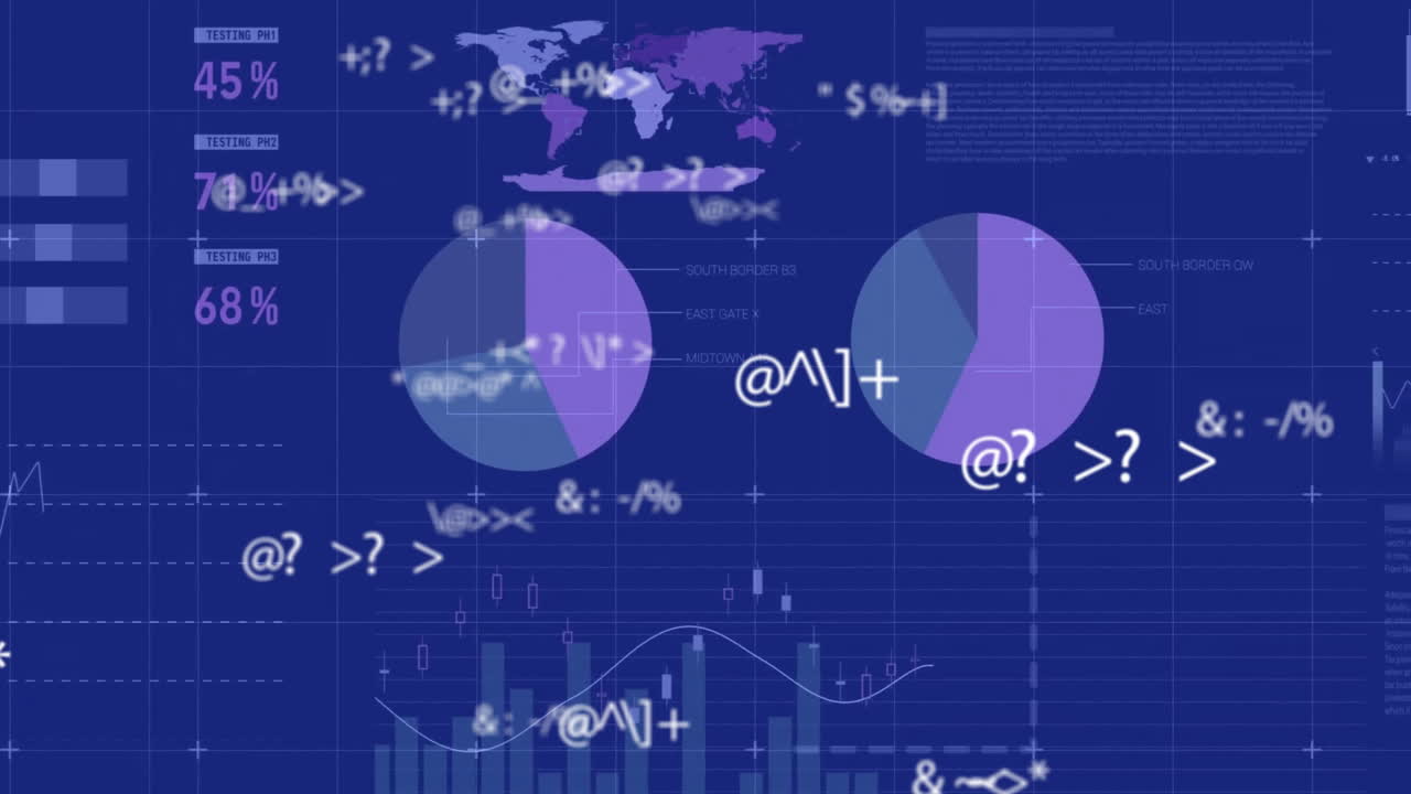 Animation of data processing over graphs and charts on blue background
