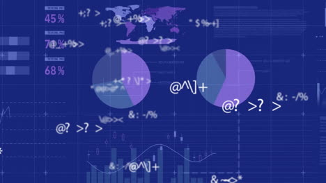 animación del procesamiento de datos sobre gráficos y gráficos sobre fondo azul
