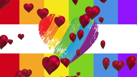 animación de corazones sobre el arco iris corazón y bandera