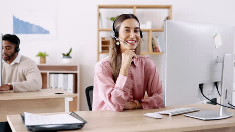 cara, centro de llamadas y mujer con telemarketing