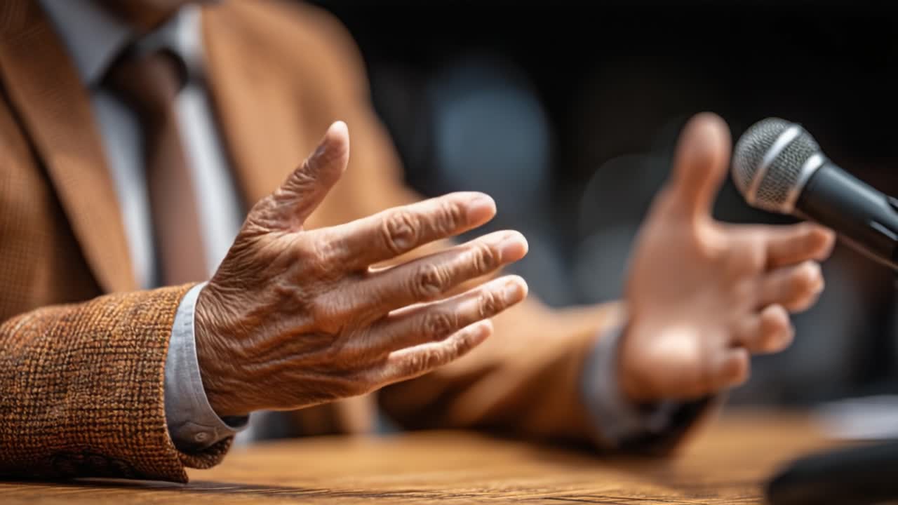 Engaging Discussion: A Close-Up View of Hands Gesturing During a Conversation at a Microphone Setup, Capturing Insightful Moments in Communication