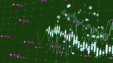 animation of financial data processing over network of connections with icons