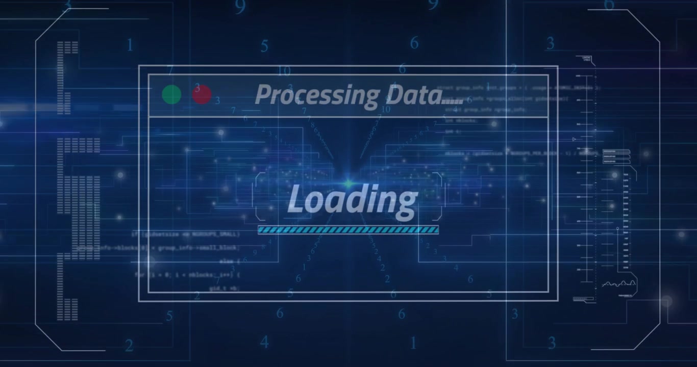 Central light pulsing activating data panel appearing, showing processing data with filling bar