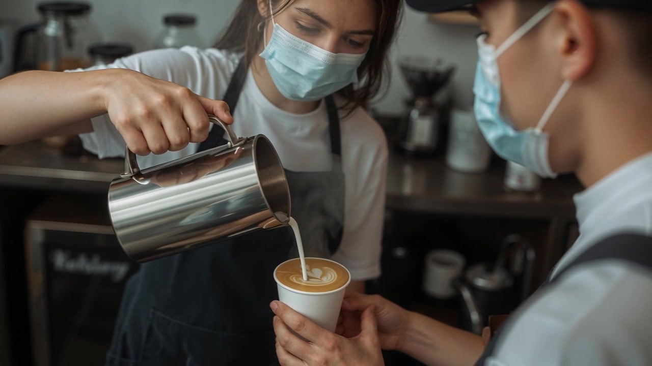 Barista con grembiule e mascherina versa latte da una brocca in una tazza creando latte art al bancone, collega fermo.