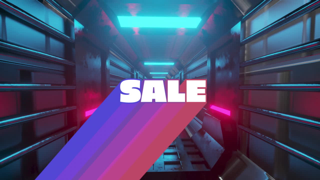 Animation of SALE text with colorful geometric tunnel and futuristic lighting
