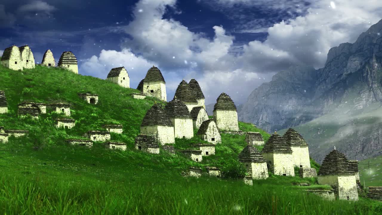 산에 있는 도시. 건물이 있는 초록색 경사. 애니메이션. 루프.