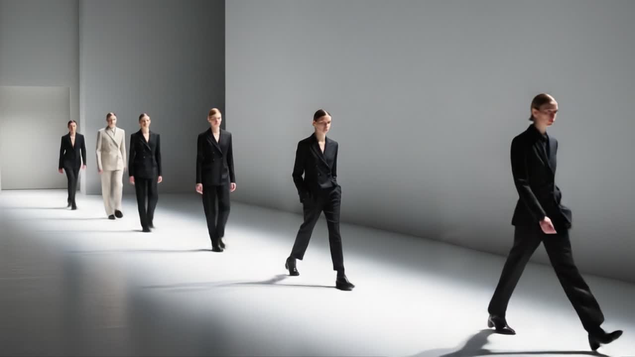 Fashion runway showcasing a collection of stylish male and female models in tailored suits walking with confidence against a minimalist backdrop in a high-fashion event