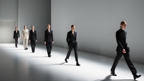fashion runway showcasing a collection of stylish male and female models in tailored suits walking with confidence against a minimalist backdrop in a high-fashion event