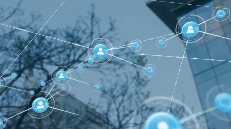 Animation of networks of connections over modern building