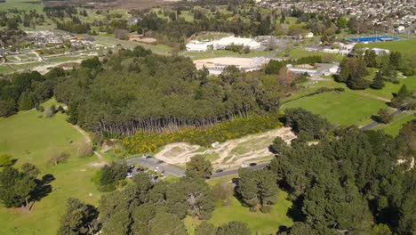 taupo bike park, aerial tilt down to popular activities and outdoor mountain biking area, in taupo town, new zealand