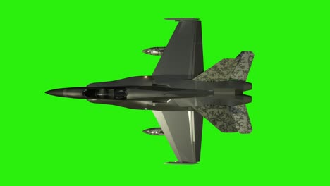 military aircraft on green screen background animation. top view. realistic 3d animation