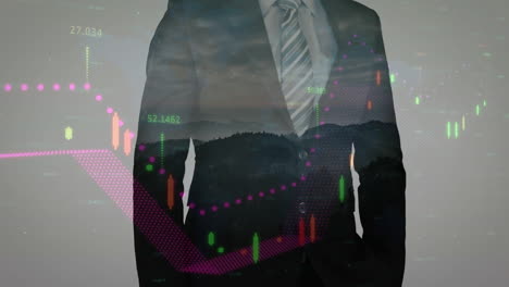 animación de un empresario caucásico sobre el paisaje y el procesamiento de datos