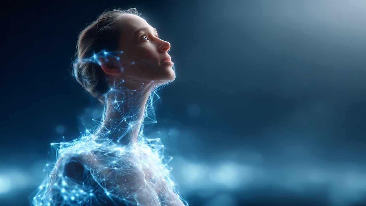 A Digital Transformation: The Ethereal Journey of a Woman Surrounded by Glowing Network of Connections, Illuminating Her Face and Upper Body in a Captivating Visualization of Technology