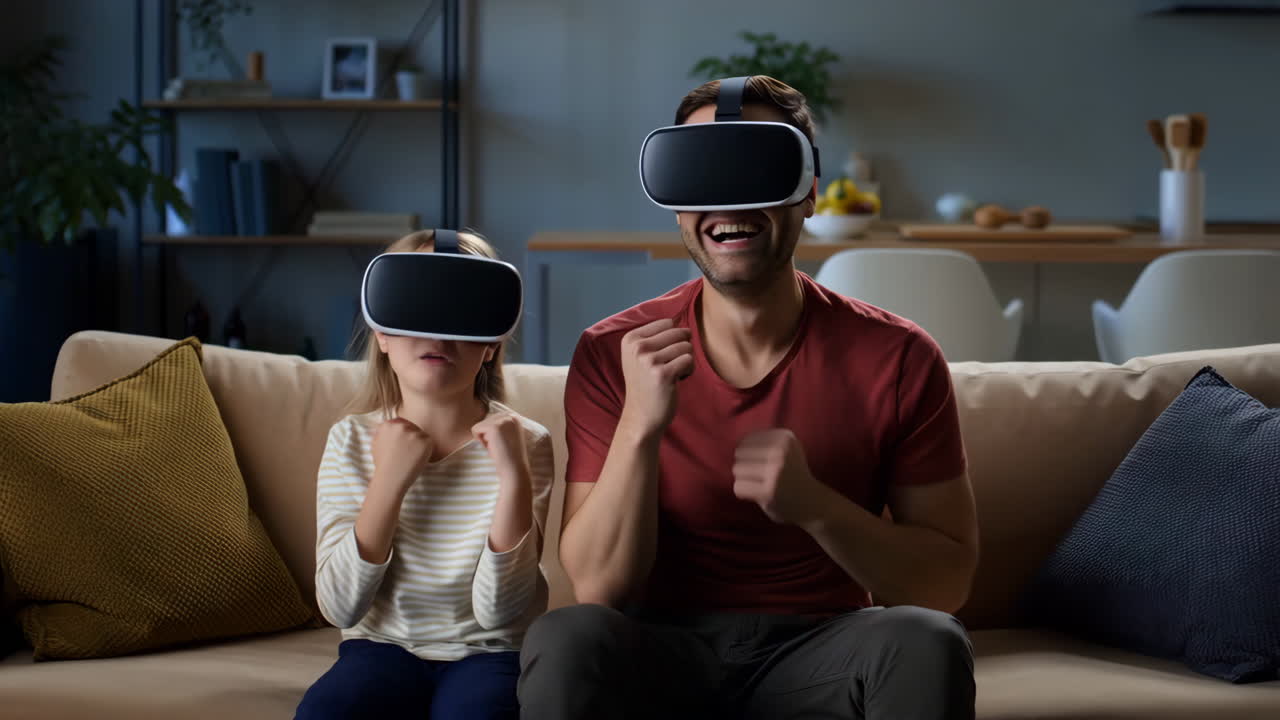 Father and Daughter Enjoying an Immersive Virtual Reality Experience at Home