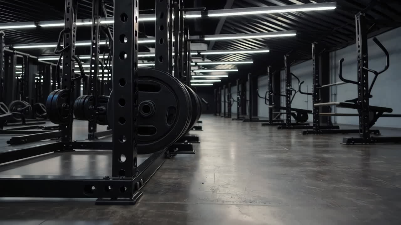 Empty Modern Gym with Weightlifting Equipment and Racks