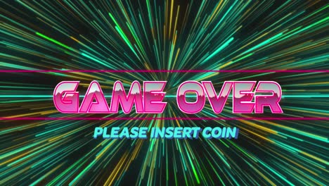 Animation-of-game-over-metallic-text-over-neon-pattern-and-light-trails