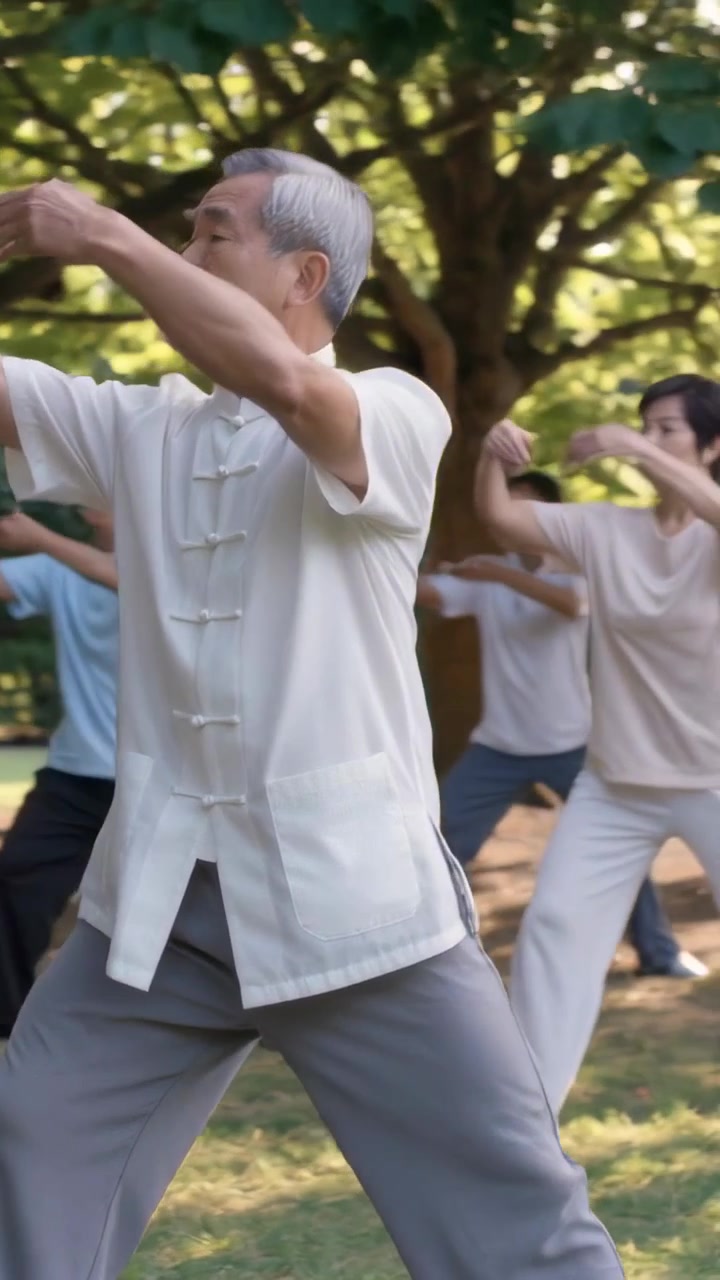 Video verticale: Uomo anziano che entra in posizione e guida una pratica di tai chi sotto un albero, con giacca bianca