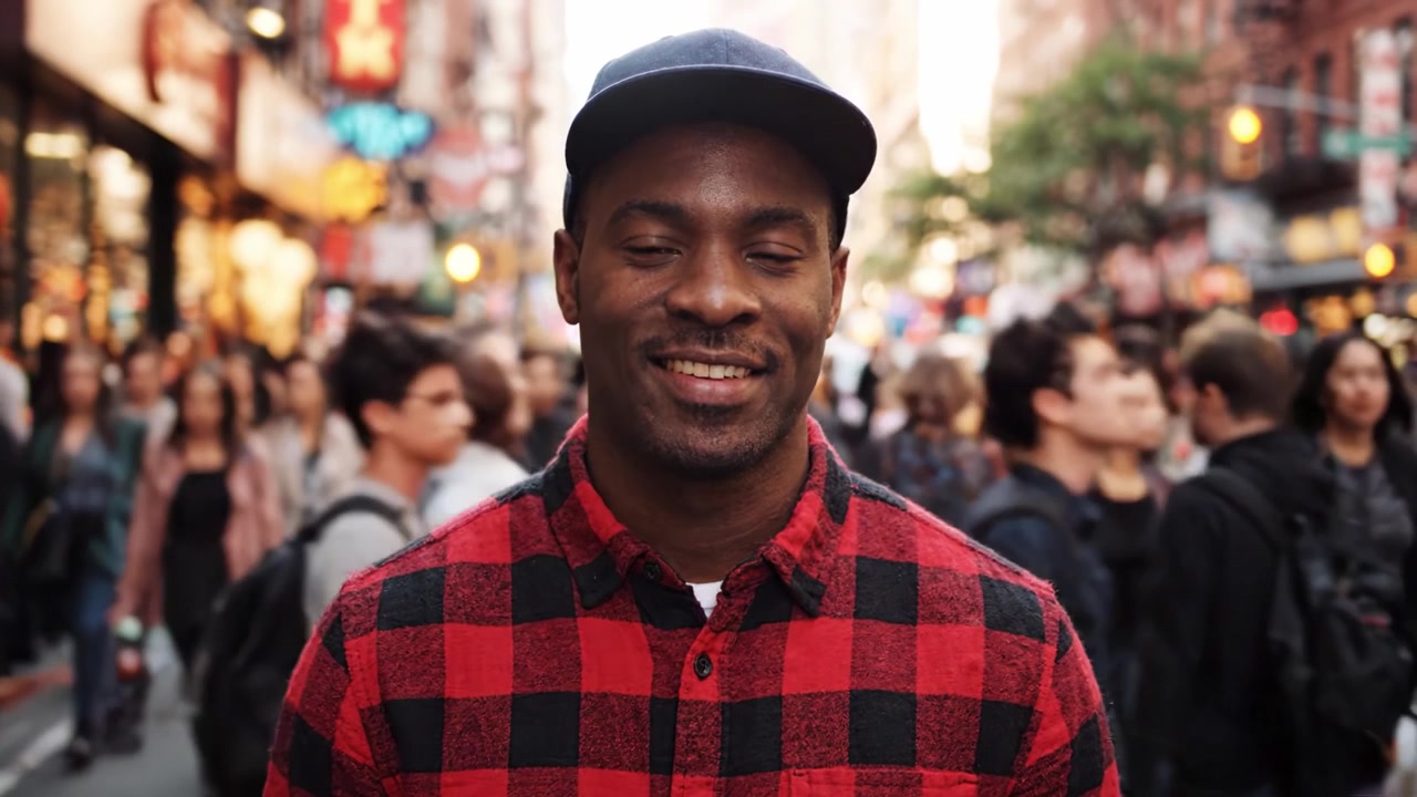 A Smiling Man in a Red Checkered Shirt and Cap Walks Through a Busy City Street, Surrounded by People and Urban Life, Capturing the Spirit of City Life and Joy.