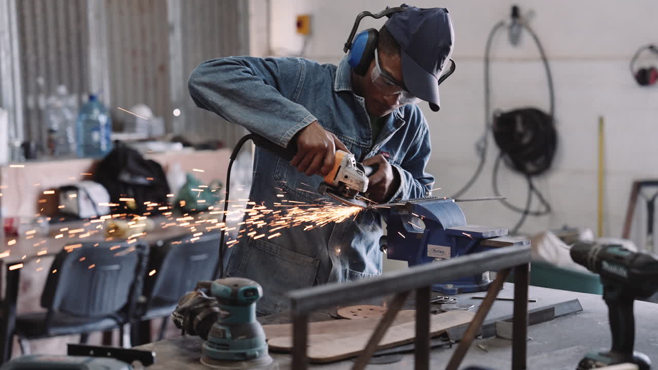 Slow motion track left of young black male working angle grinder power tool in workshop with sparks into camera