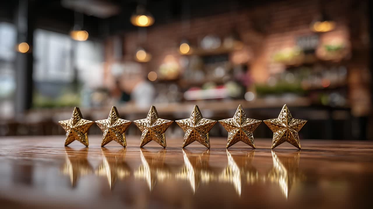 A collection of five gleaming golden stars displayed on a polished wooden table, symbolizing excellence and achievement in a cozy and stylish interior setting