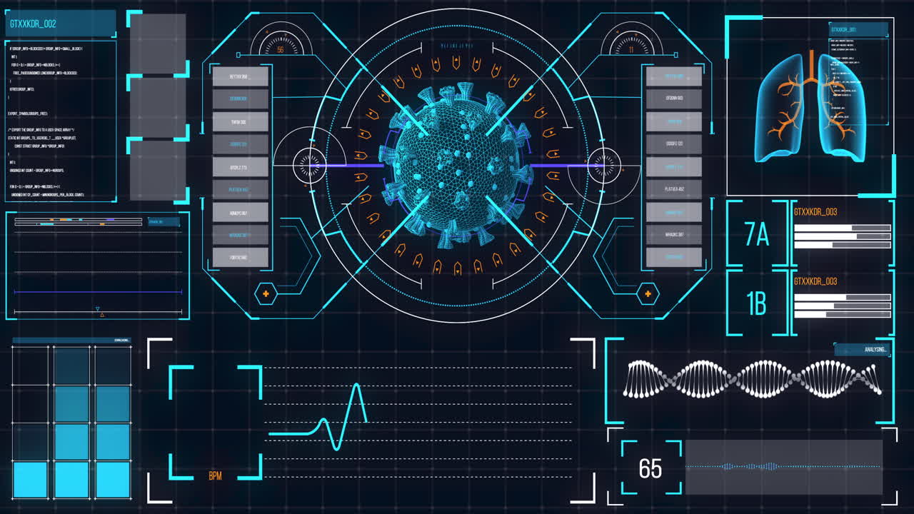 의료 정보가 있는 화면에서 분석된 매크로 코로나바이러스 코로나19 세포의 애니메이션
