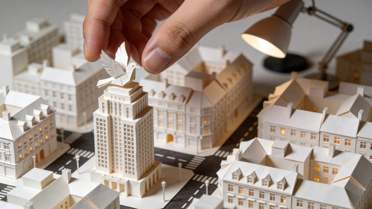 Una mano che entra posiziona una colomba di carta sulla torre centrale in una città in miniatura di carta su un tavolo, con una lampada.
