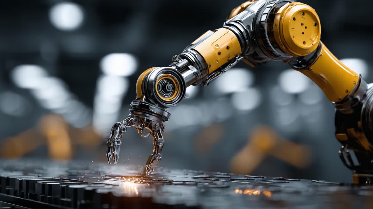 An Advanced Robotic Arm Engaging Precision Tasks in a High-Tech Manufacturing Environment, Showcasing Its Versatility and Efficiency in Automated Assembly Operations