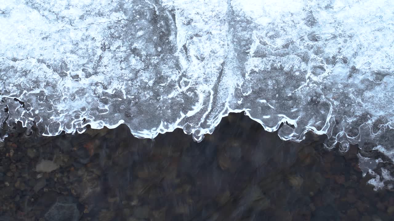Flowing Steam under ice layer during cold winter day on Iceland,close up